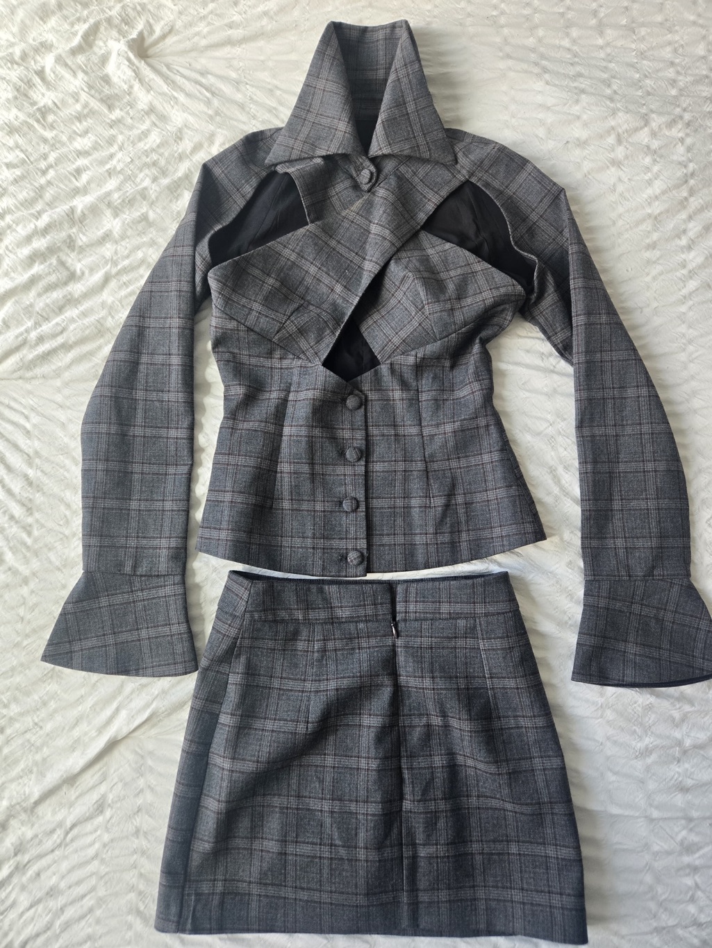 Gray Plaid Two-Piece Skirt Set - Women's Tailored Plaid Skirt And Jacket